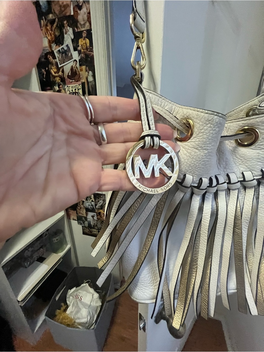 Michael Kors Cream and Brown Leather Fringe Drawstring Shoulder Bag - Picture 9 of 9